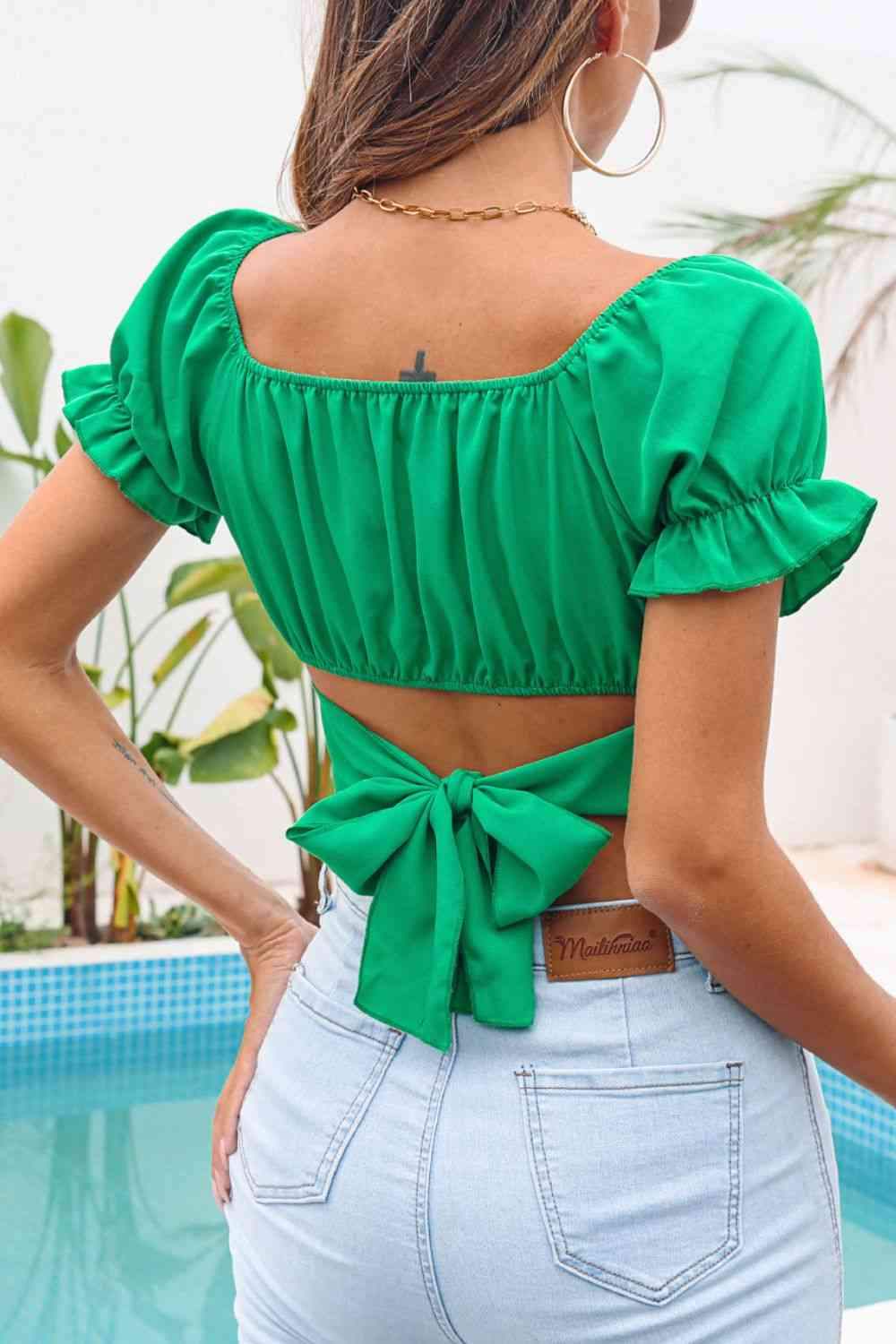 Ruched Square Neck Tie Back Cropped Top Blouses - Tophatter Daily Deals