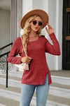 Square Neck Long Sleeve Slit T-Shirt Deep Red Women's T-Shirts - Tophatter Daily Deals