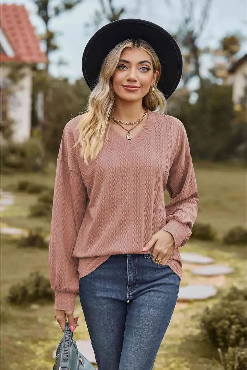 V-Neck Dropped Shoulder Blouse Dusty Pink Blouses - Tophatter Daily Deals