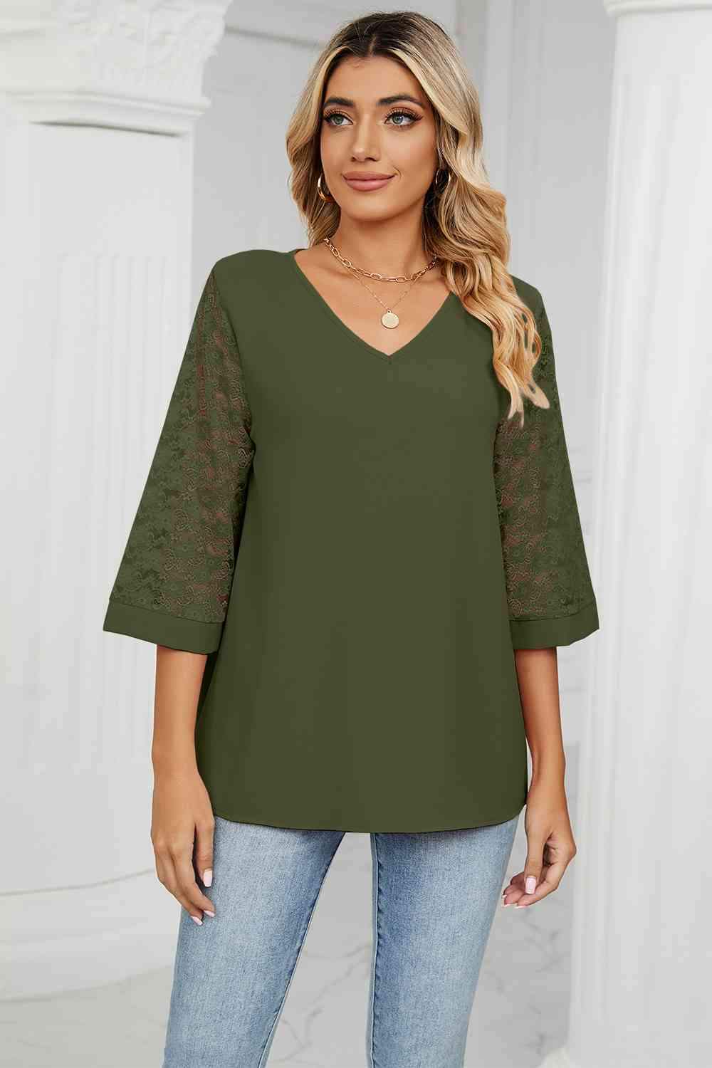 V-Neck Three-Quarter Sleeve Top Moss Women's T-Shirts - Tophatter Daily Deals