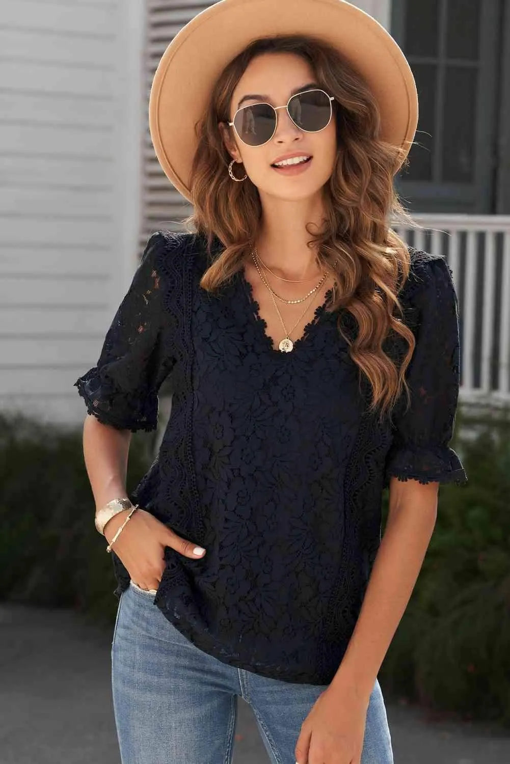 Lace V-Neck Flounce Sleeve Top Blouses - Tophatter Daily Deals
