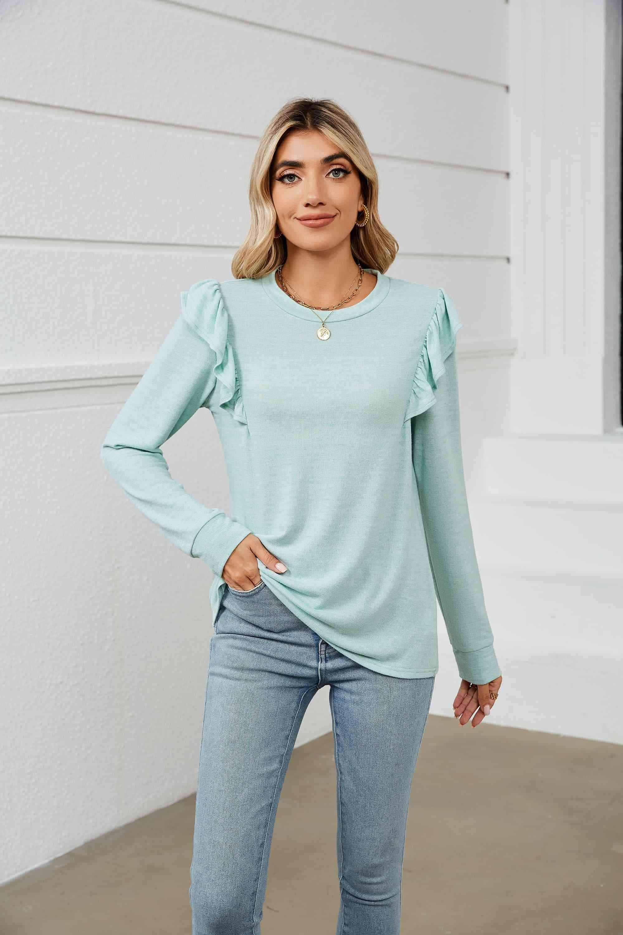 Ruffle Shoulder Long Sleeve T-Shirt Gum Leaf Women's T-Shirts - Tophatter Daily Deals