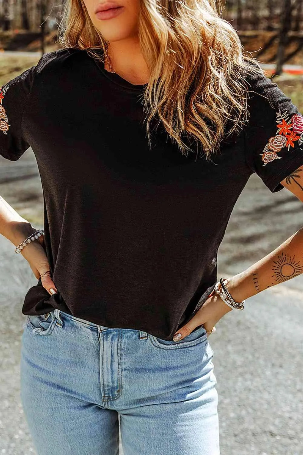 Embroidered Round Neck Tee Shirt Women's T-Shirts - Tophatter Daily Deals