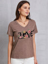 LOVE V-Neck Short Sleeve T-Shirt Mocha Women's T-Shirts - Tophatter Daily Deals