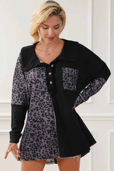 Half Button Leopard Collared Neck Blouse Blouses - Tophatter Daily Deals