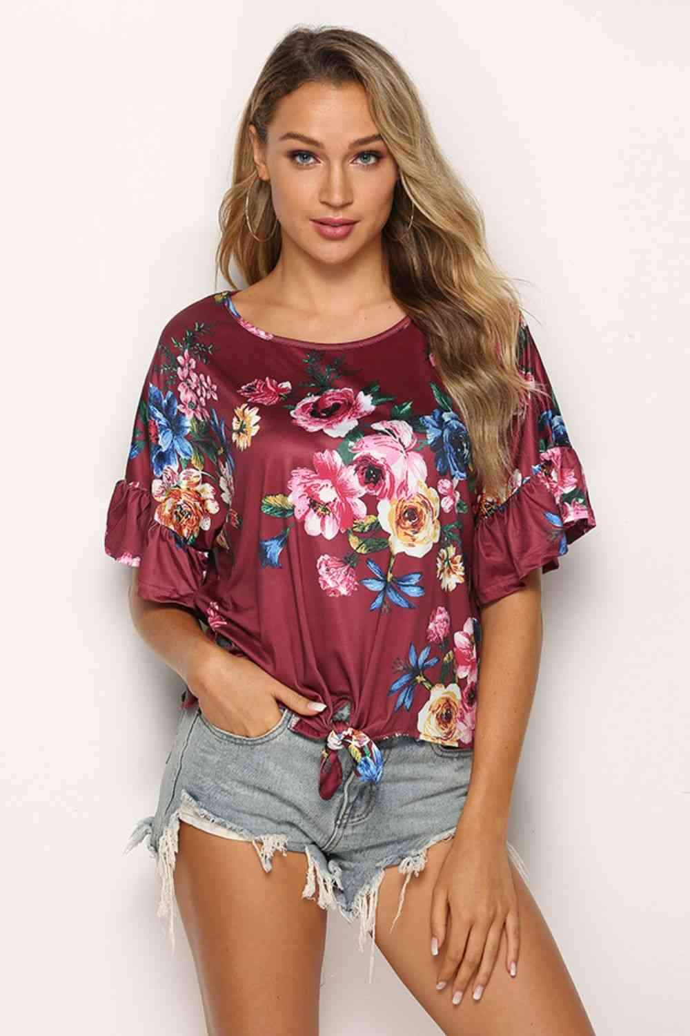 Floral Tie Hem Flounce Sleeve Top Blouses - Tophatter Daily Deals