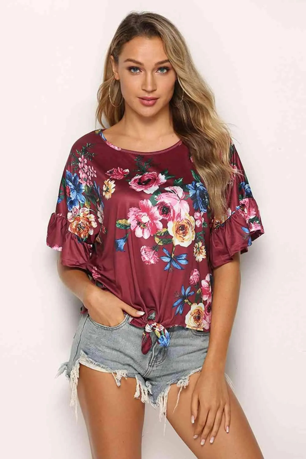 Floral Tie Hem Flounce Sleeve Top Blouses - Tophatter Daily Deals