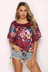 Floral Tie Hem Flounce Sleeve Top Blouses - Tophatter Daily Deals