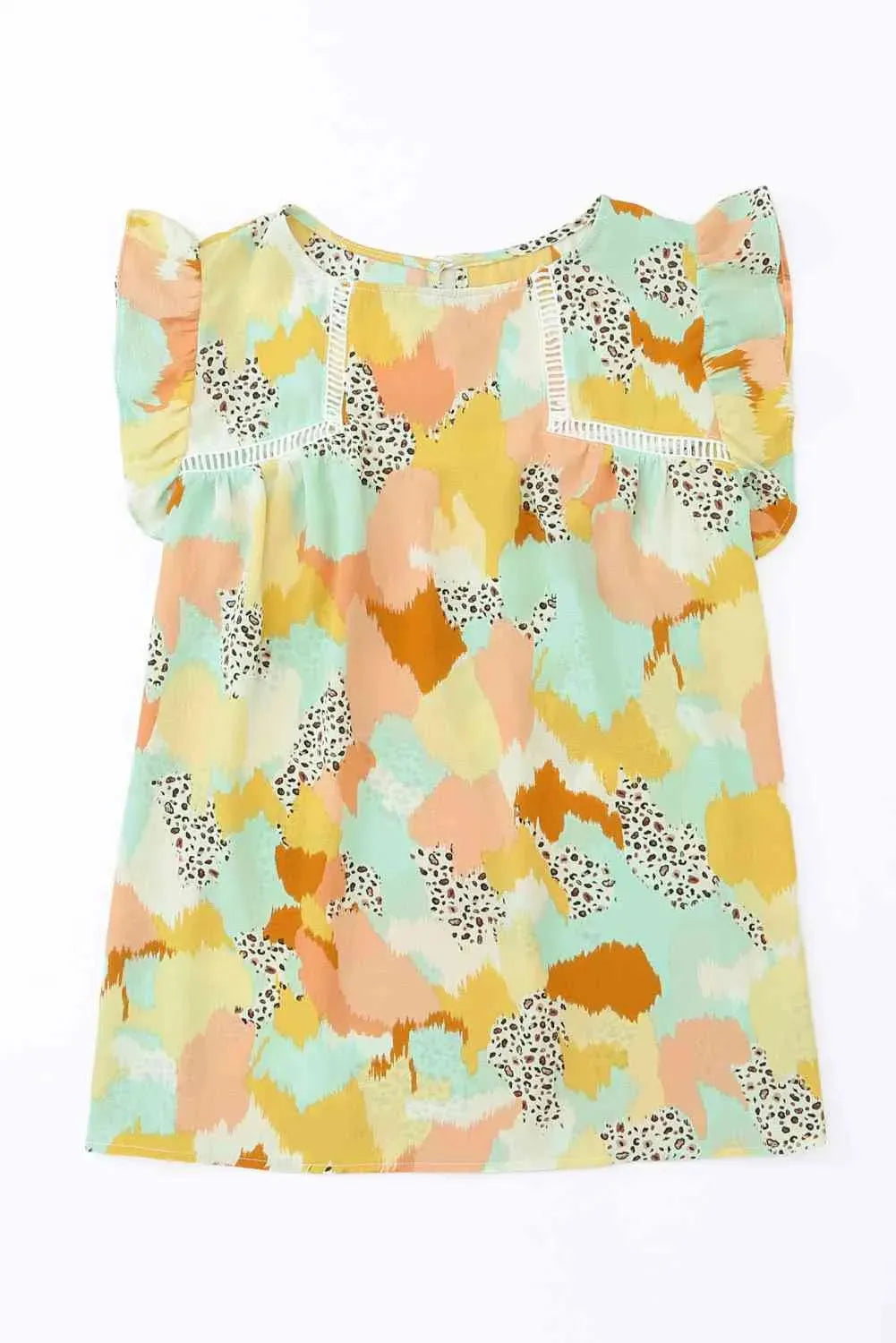 Printed Round Neck Flutter Sleeve Top Blouses - Tophatter Daily Deals