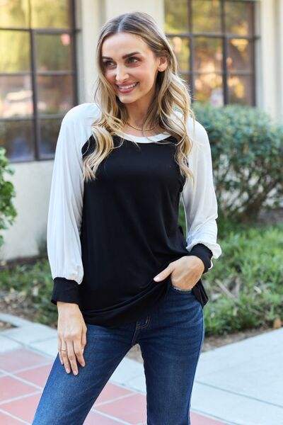 Celeste Design Full Size Color Contrast Long Sleeve Top Blouses - Tophatter Daily Deals