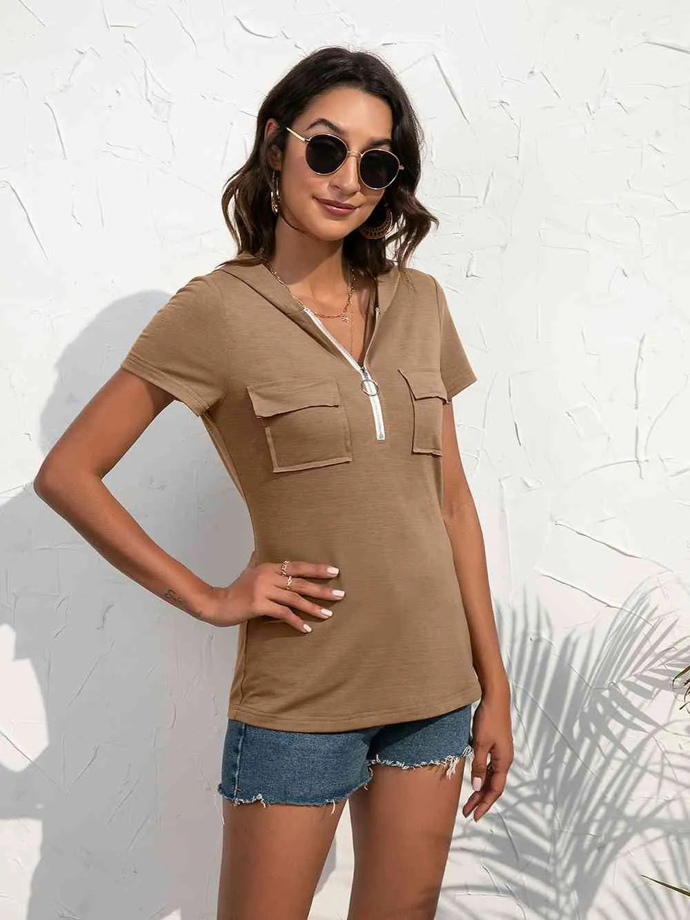 Half-Zip Short Sleeve Hooded Top Khaki Blouses - Tophatter Daily Deals