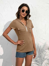 Half-Zip Short Sleeve Hooded Top Khaki Blouses - Tophatter Daily Deals