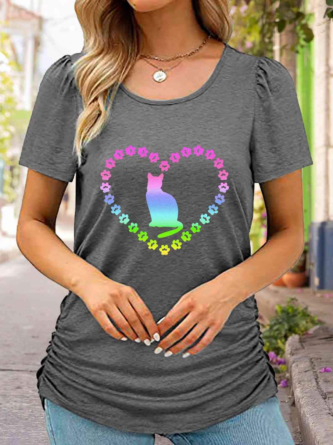 Full Size Cat Heart Graphic Short Sleeve T-Shirt Charcoal Women's T-Shirts - Tophatter Daily Deals