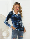 Tie-Dye Half Button Long Sleeve T-Shirt Cobald Blue Women's T-Shirts - Tophatter Daily Deals