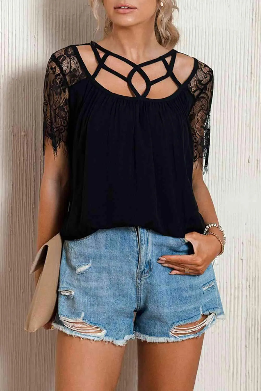 Strappy Neck Spliced Lace Eyelash Trim Blouse Black Blouses - Tophatter Daily Deals