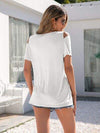 Decorative Button Round Neck Cold Shoulder T-Shirt Women's T-Shirts - Tophatter Daily Deals