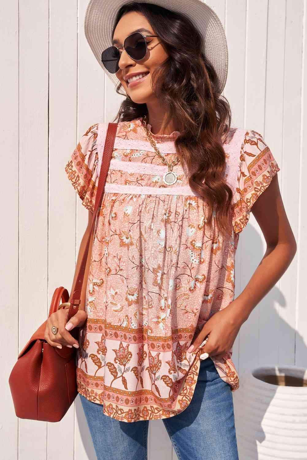 Floral Flutter Sleeve Sleeveless Blouse Blouses - Tophatter Daily Deals