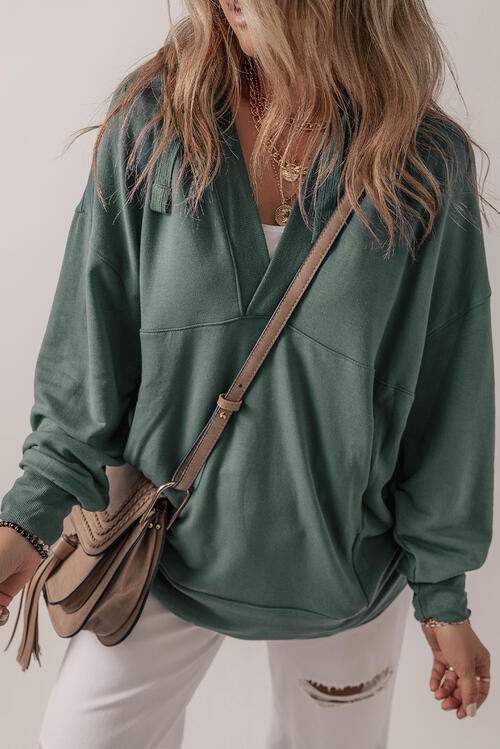 V-Neck Long Sleeve Hooded Top Blouses - Tophatter Daily Deals