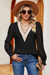 Openwork V-Neck Long Sleeve T-Shirt Black Women's T-Shirts - Tophatter Daily Deals