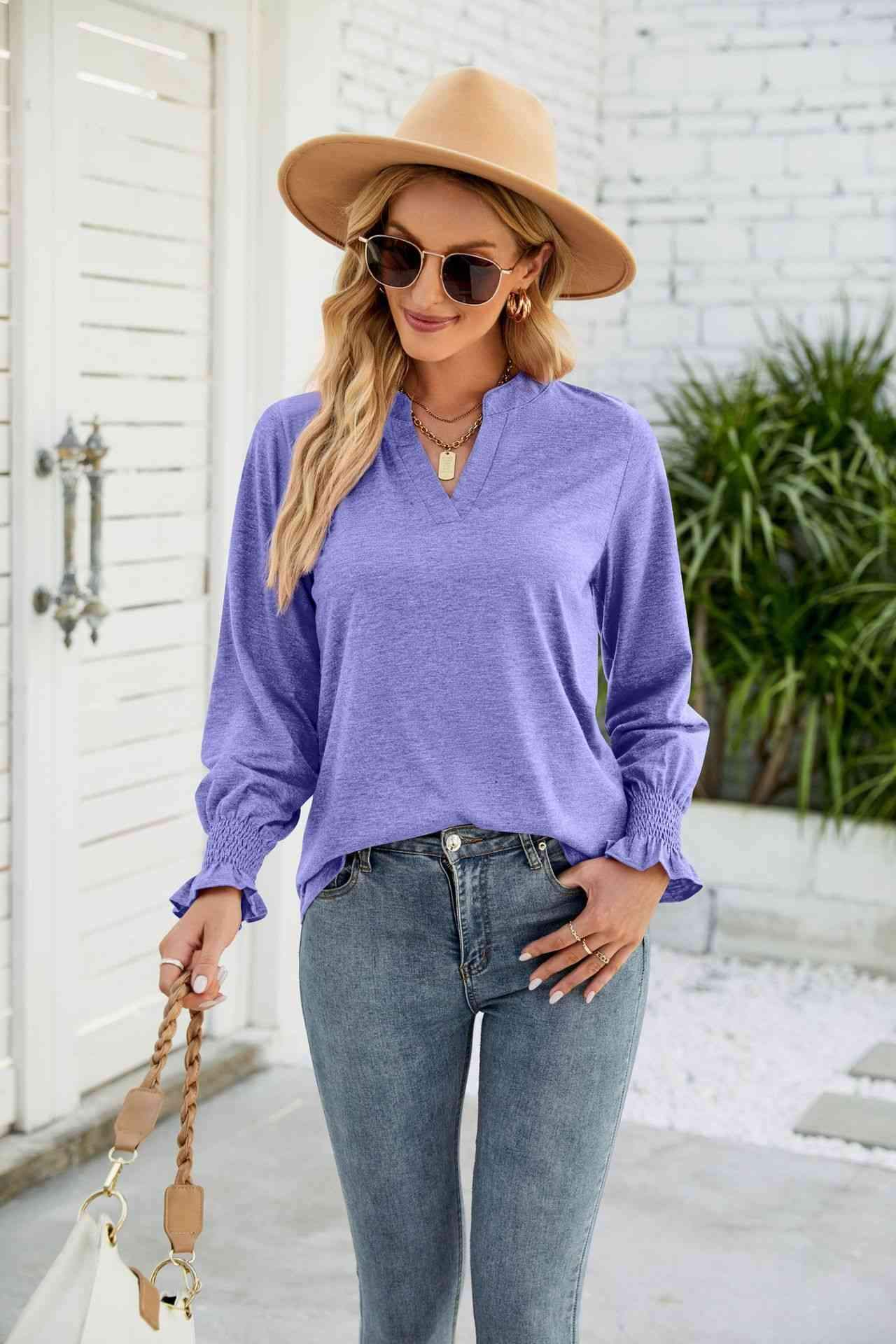 Heathered Flounce Sleeve Curved Hem Top Blouses - Tophatter Daily Deals