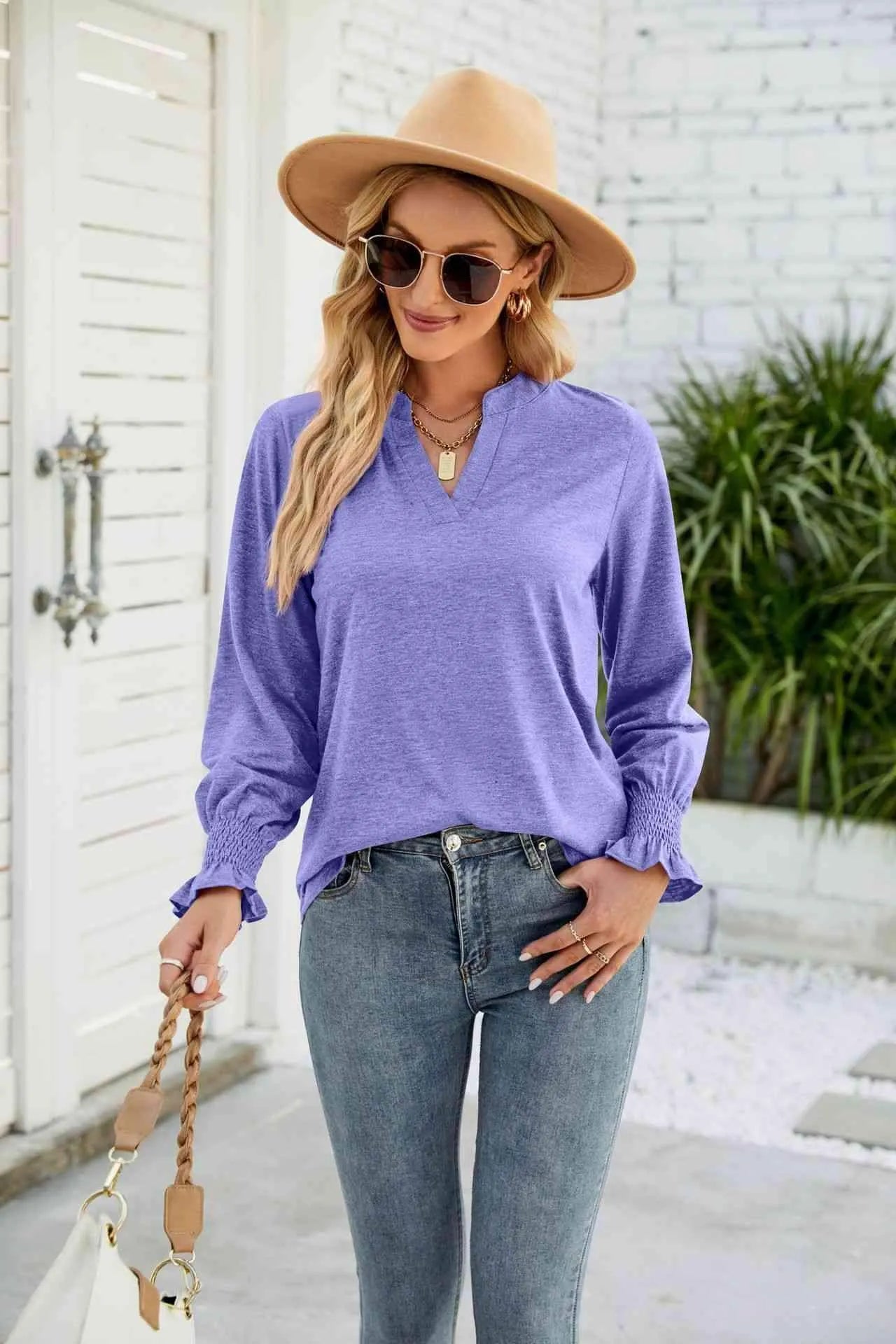 Heathered Flounce Sleeve Curved Hem Top Blouses - Tophatter Daily Deals