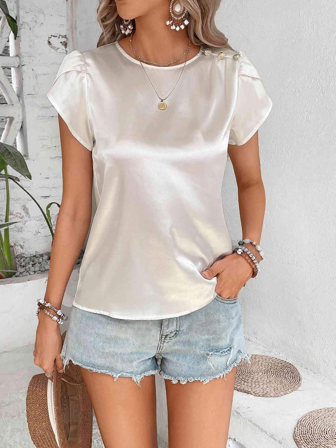 Round Neck Petal Sleeve Top White Blouses - Tophatter Daily Deals