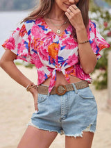 Floral V-Neck Flutter Sleeve Blouse Blouses - Tophatter Daily Deals