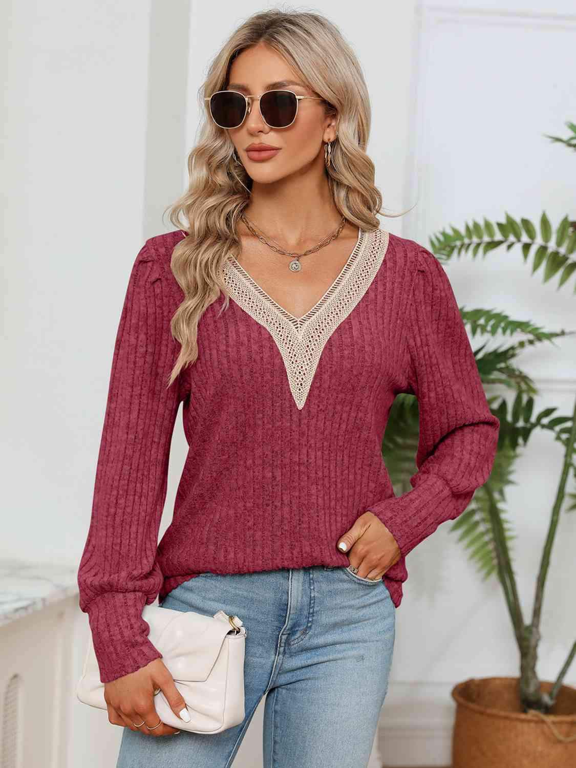 Lace Detail V-Neck Ribbed Blouse Brick Red Blouses - Tophatter Daily Deals