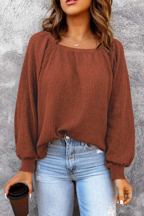 Square Neck Waffle-Knit Top Brick Red Blouses - Tophatter Daily Deals