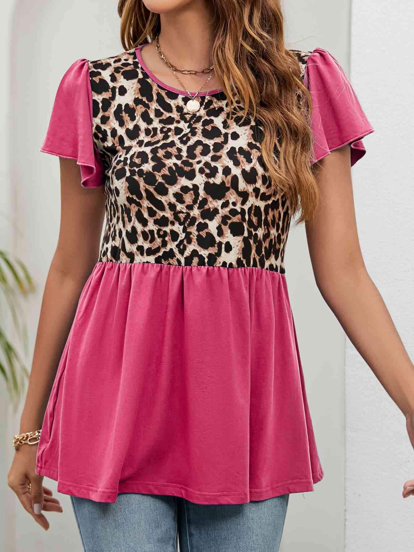 Leopard Round Neck Flutter Sleeve Babydoll Blouse Deep Rose Blouses - Tophatter Daily Deals