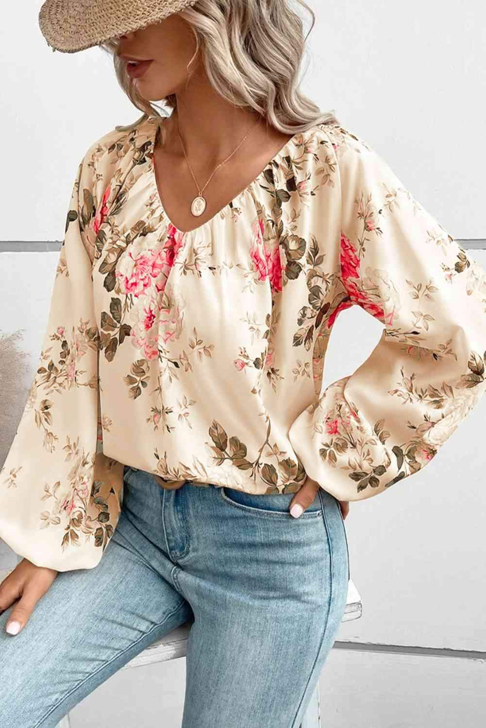 Floral V-Neck Balloon Sleeve Blouse Blouses - Tophatter Daily Deals