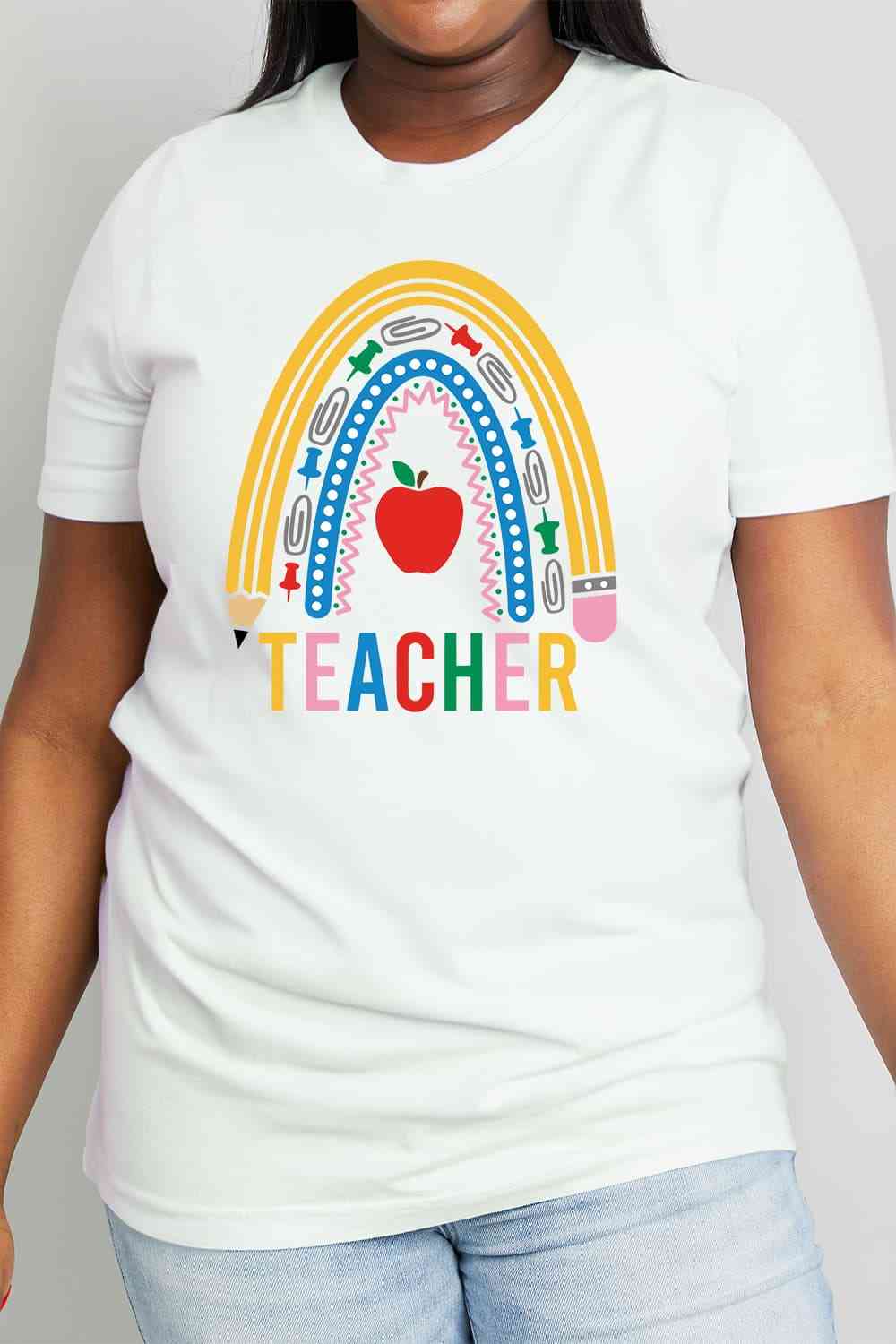 Simply Love Full Size TEACHER Rainbow Graphic Cotton Tee Bleach Women's T-Shirts - Tophatter Daily Deals