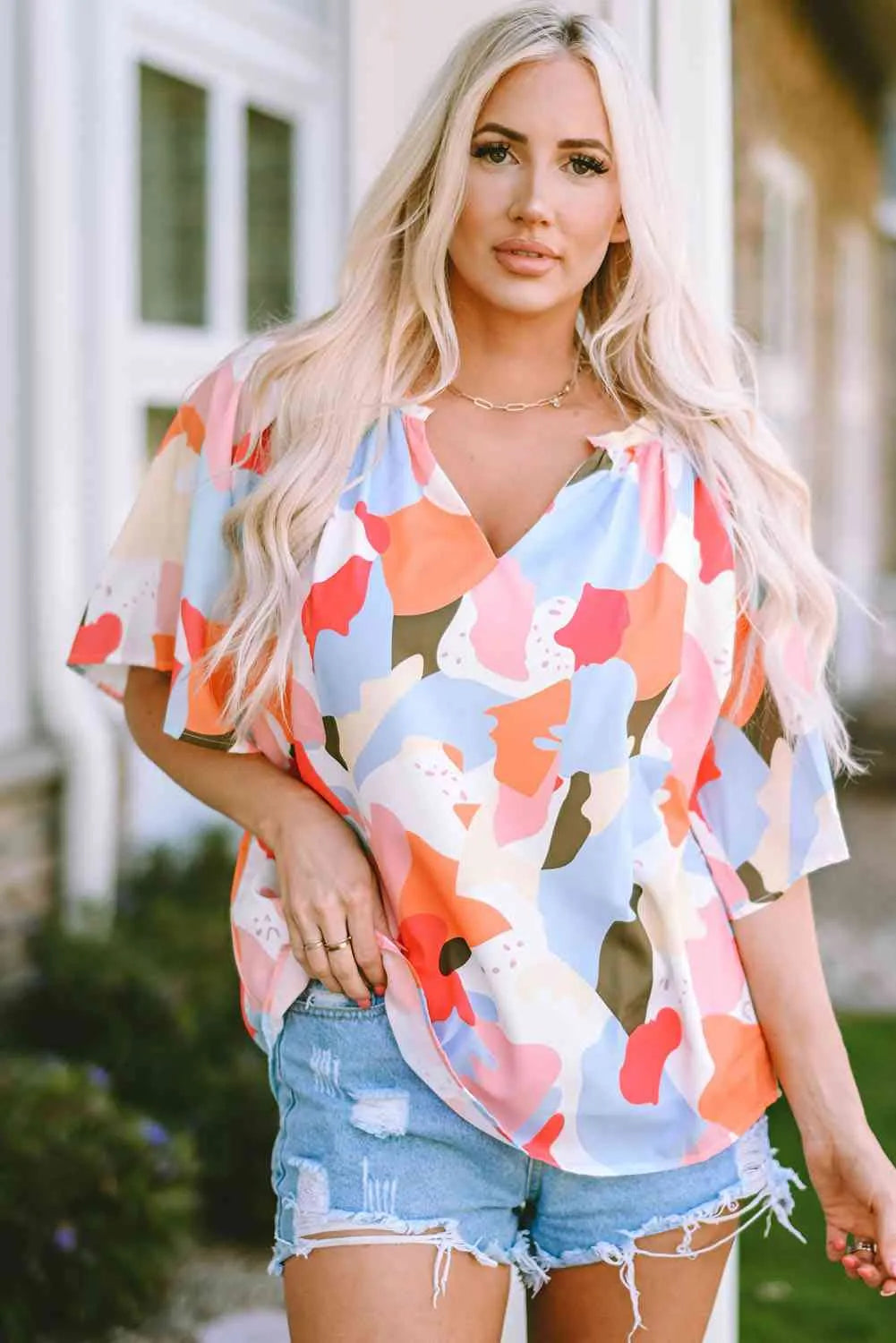 Printed Notched Neck Half Sleeve Blouse Multicolor Blouses - Tophatter Daily Deals