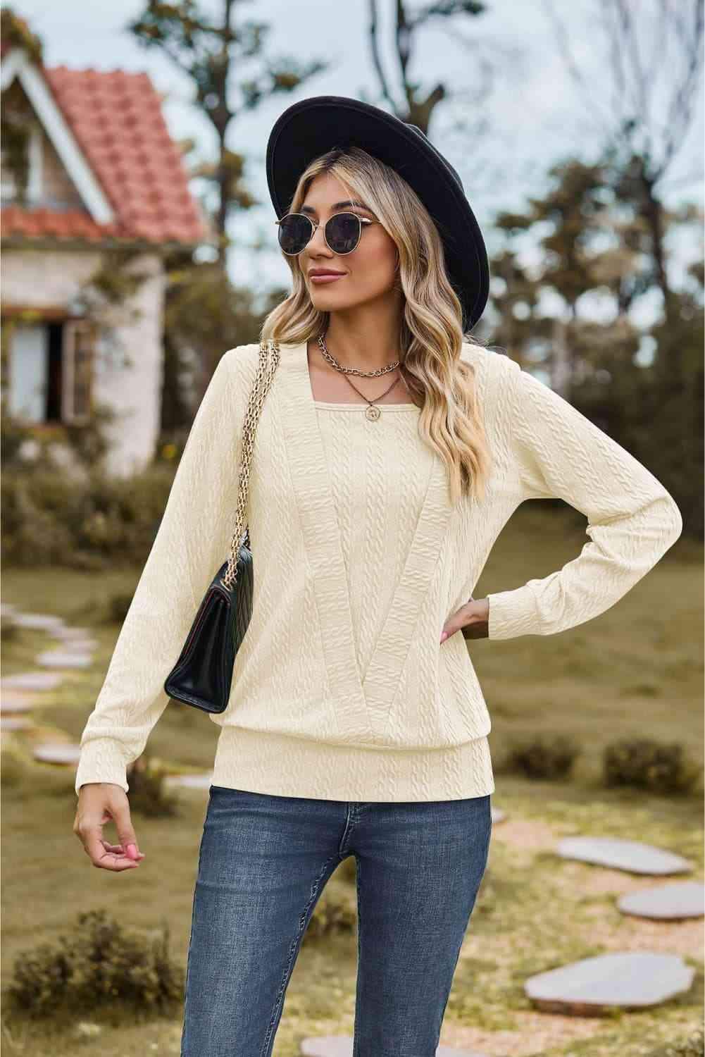 Square Neck Long Sleeve Blouse Blouses - Tophatter Daily Deals