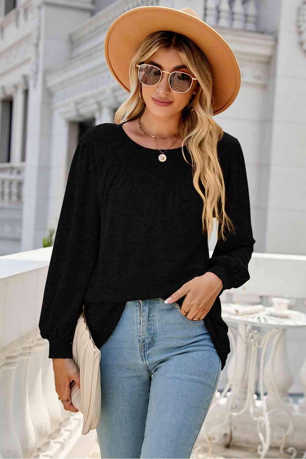 Round Neck Long Sleeve Top Black Women's T-Shirts - Tophatter Daily Deals