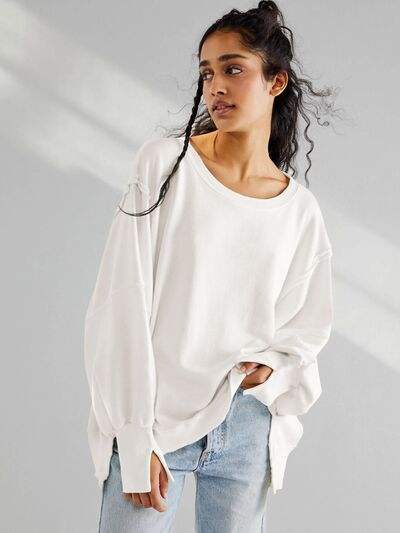 Slit Round Neck Dropped Shoulder T-Shirt White Women's T-Shirts - Tophatter Daily Deals