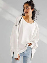 Slit Round Neck Dropped Shoulder T-Shirt White Women's T-Shirts - Tophatter Daily Deals