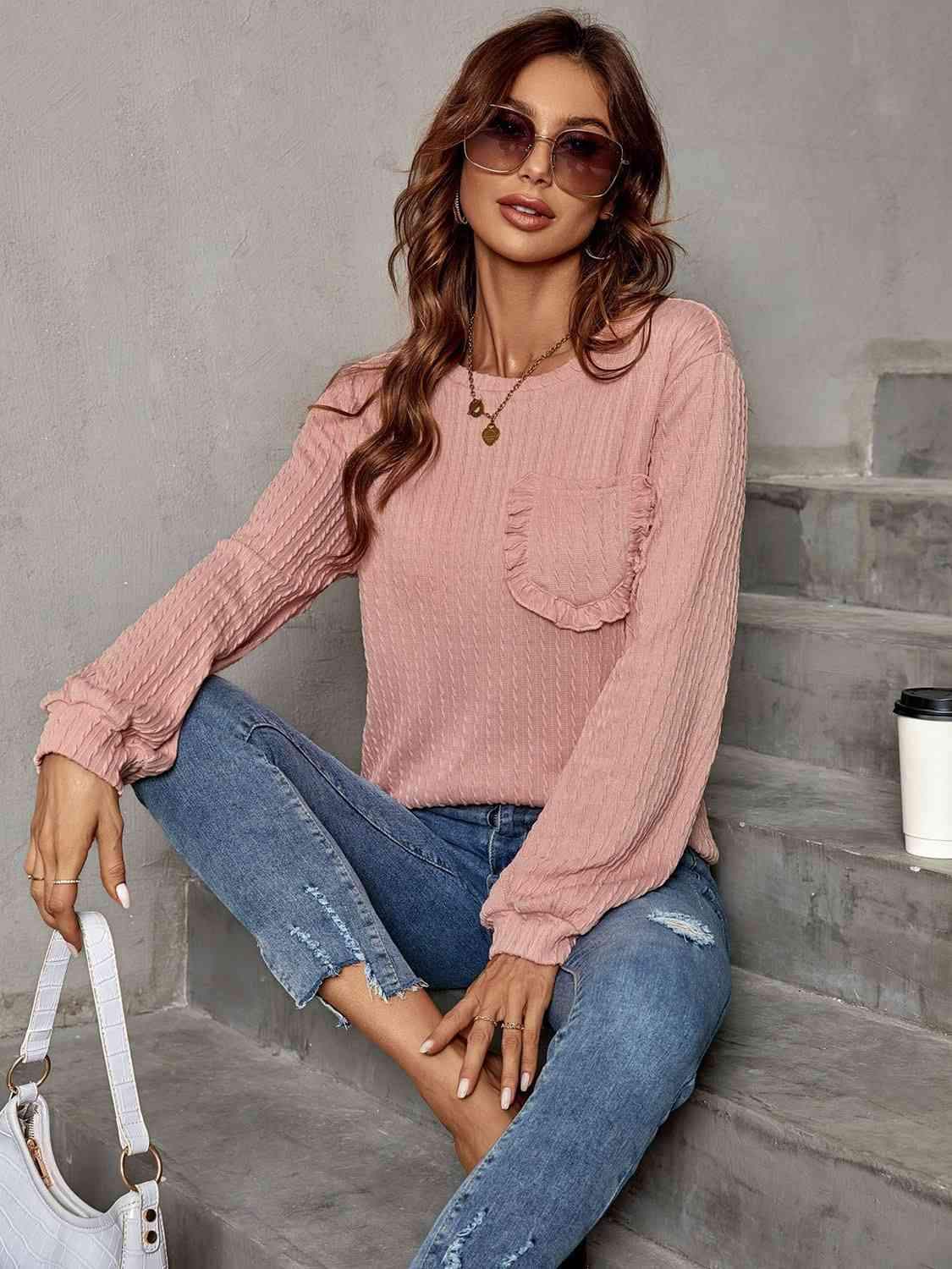 Frill Trim Long Sleeve Blouse Blouses - Tophatter Daily Deals