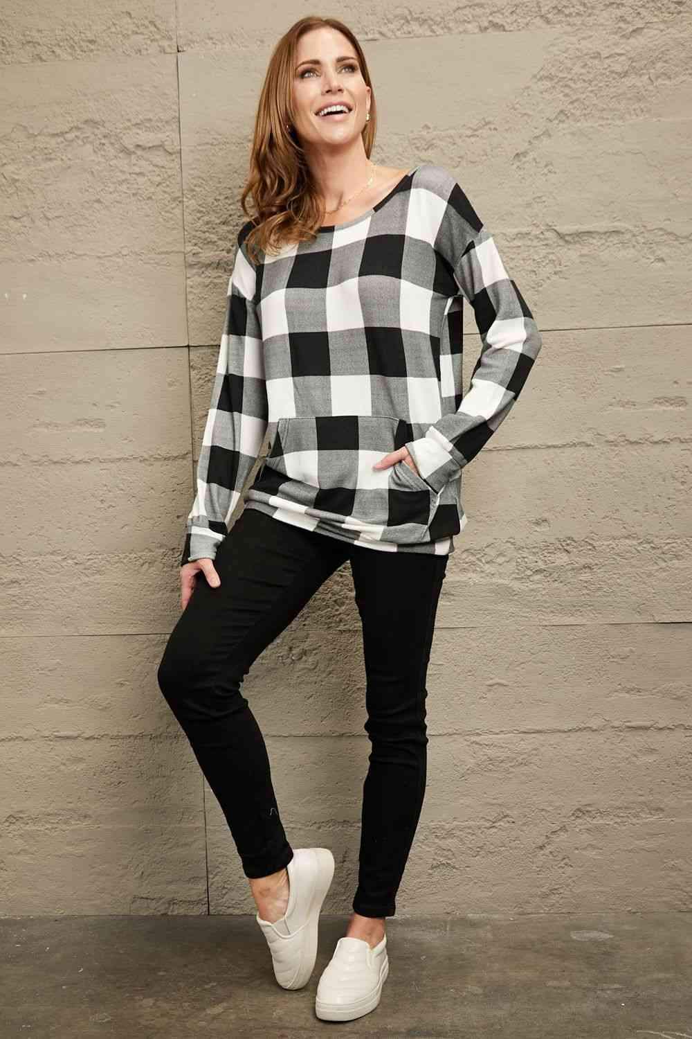 Double Take Plaid Long Sleeve Tunic Sweatshirt Blouses - Tophatter Daily Deals