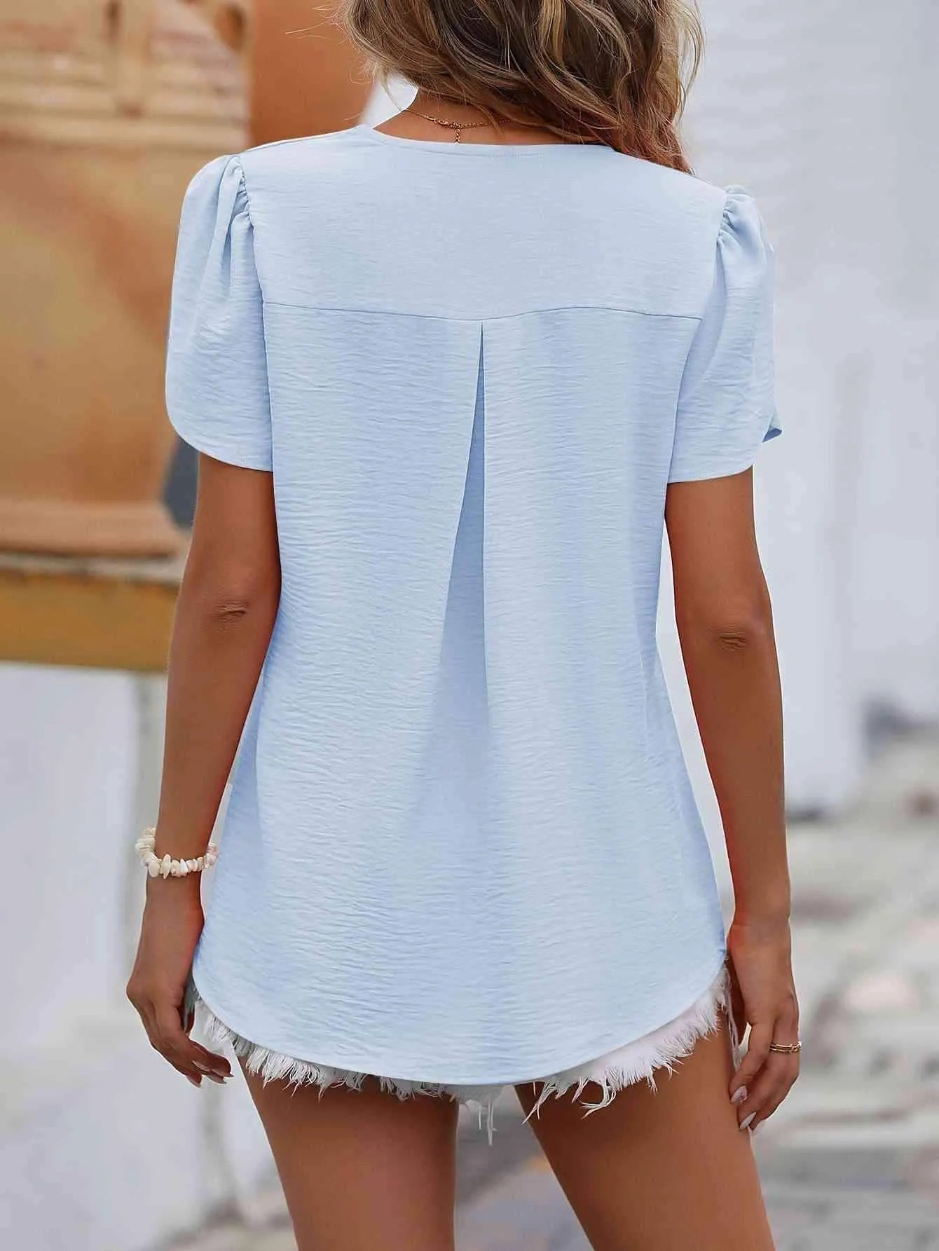 Ruche V-Neck Petal Sleeve Top Blouses - Tophatter Daily Deals