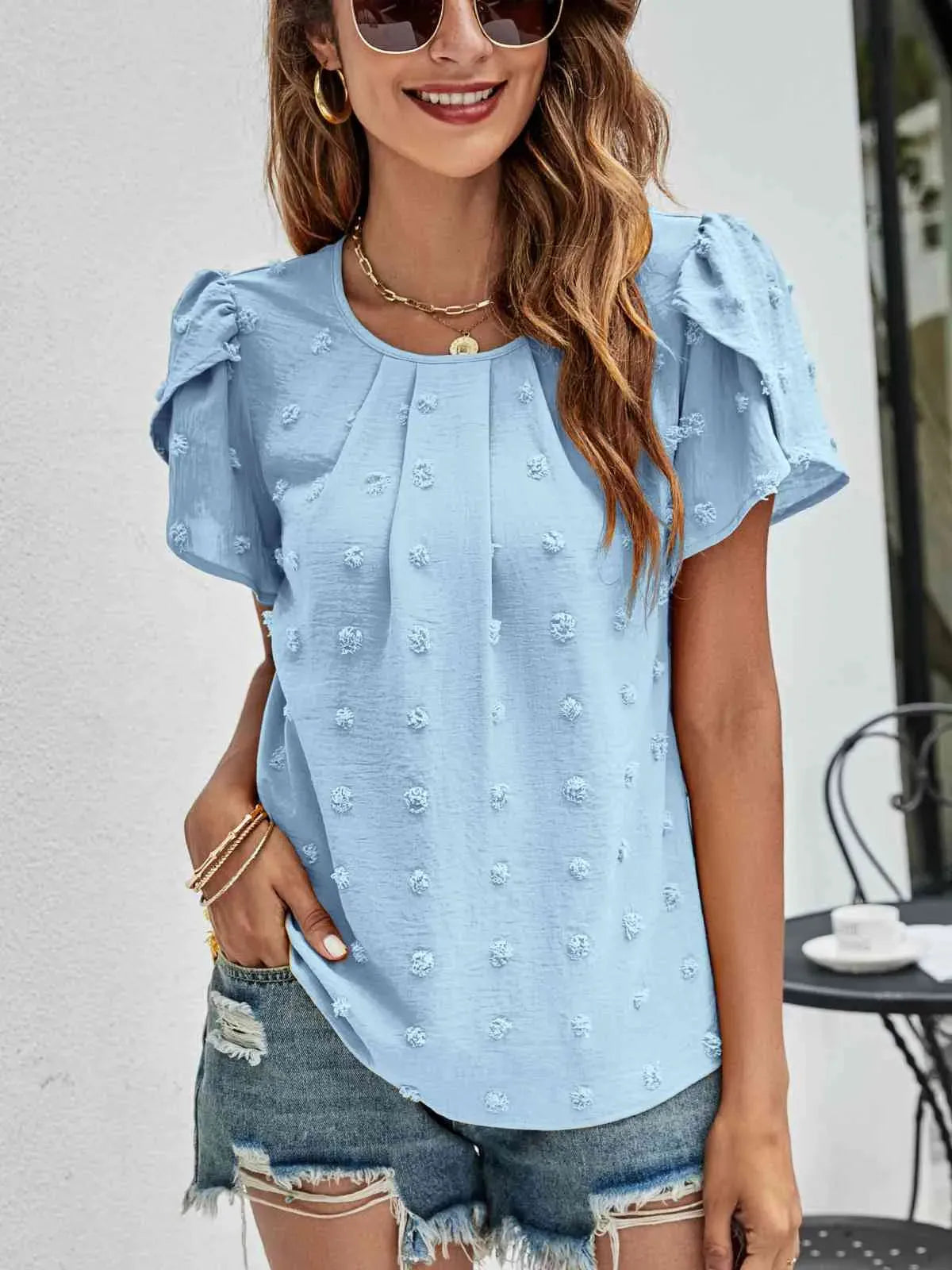 Swiss Dot Round Neck Petal Sleeve Top Blue Blouses - Tophatter Daily Deals