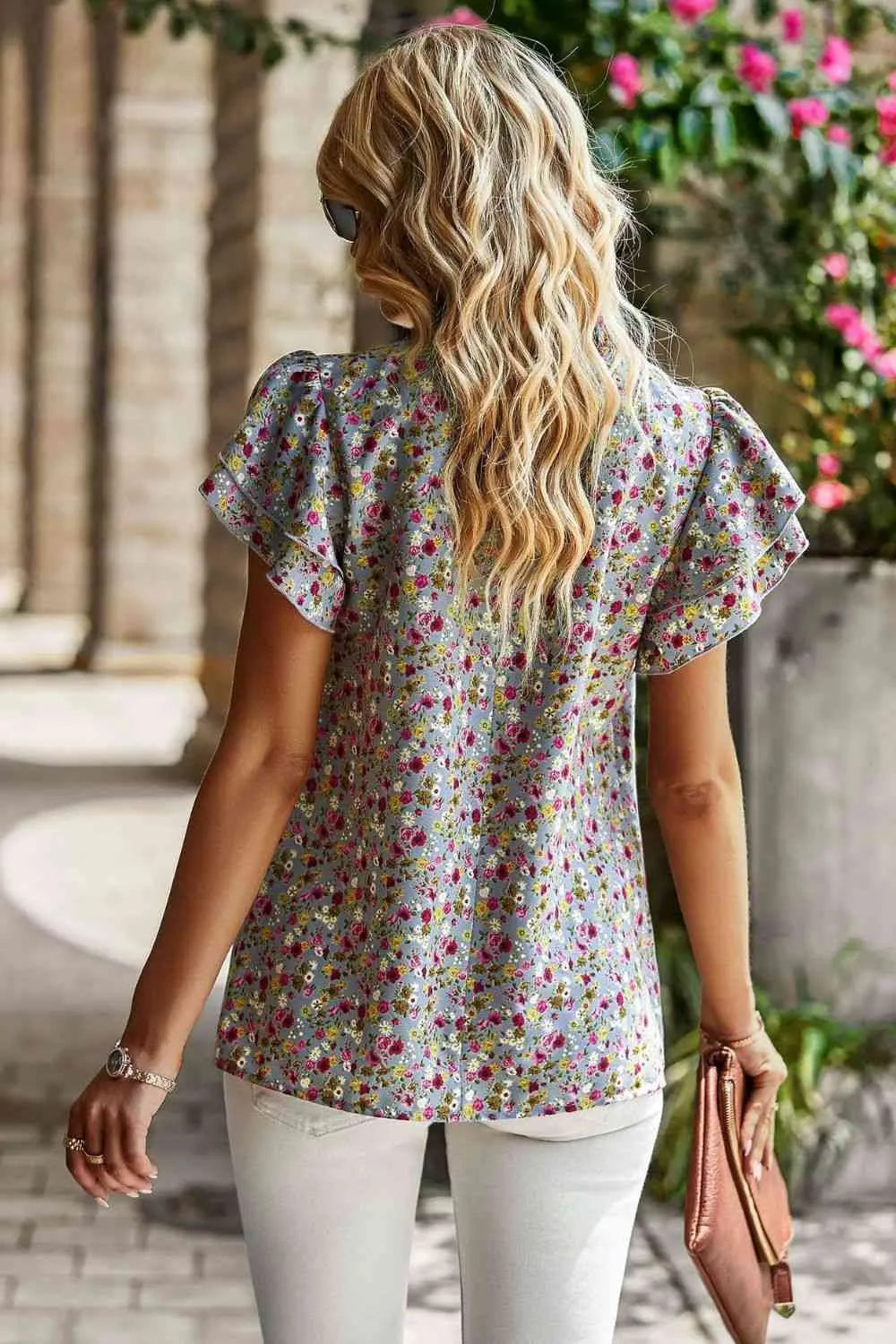 Floral Round Neck Flutter Sleeve Blouse Blouses - Tophatter Daily Deals