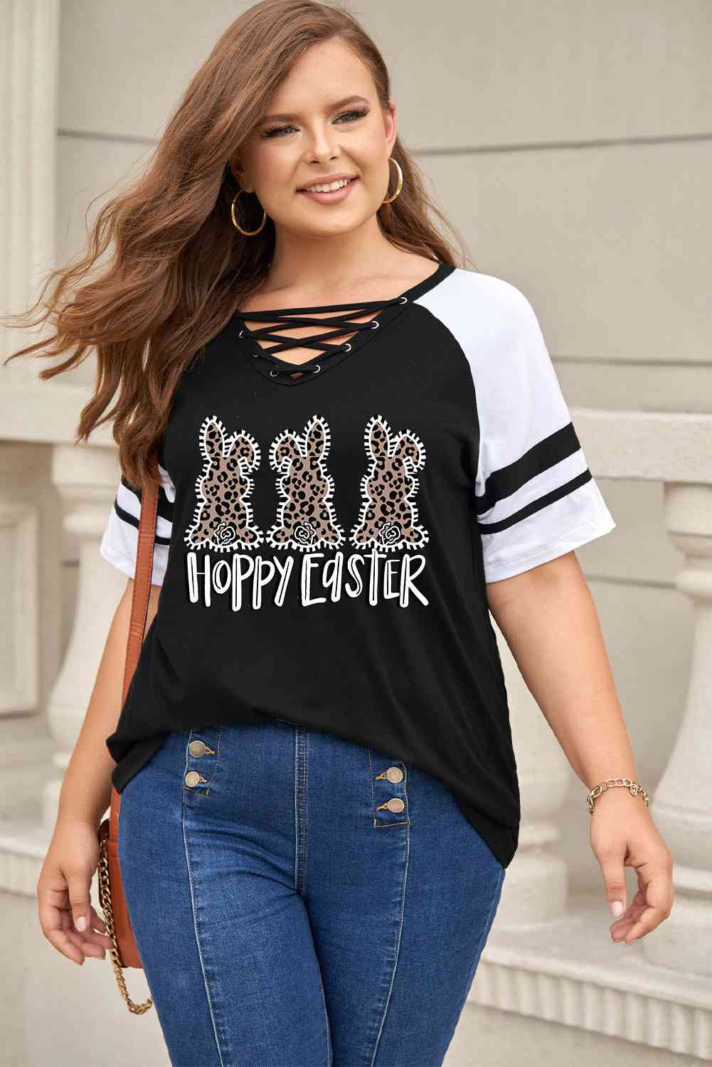 Plus Size HOPPY EASTER Striped Crisscross T-Shirt Women's T-Shirts - Tophatter Daily Deals