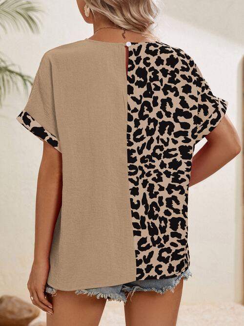 Leopard Contrast Round Neck Short Sleeve Top Blouses - Tophatter Daily Deals