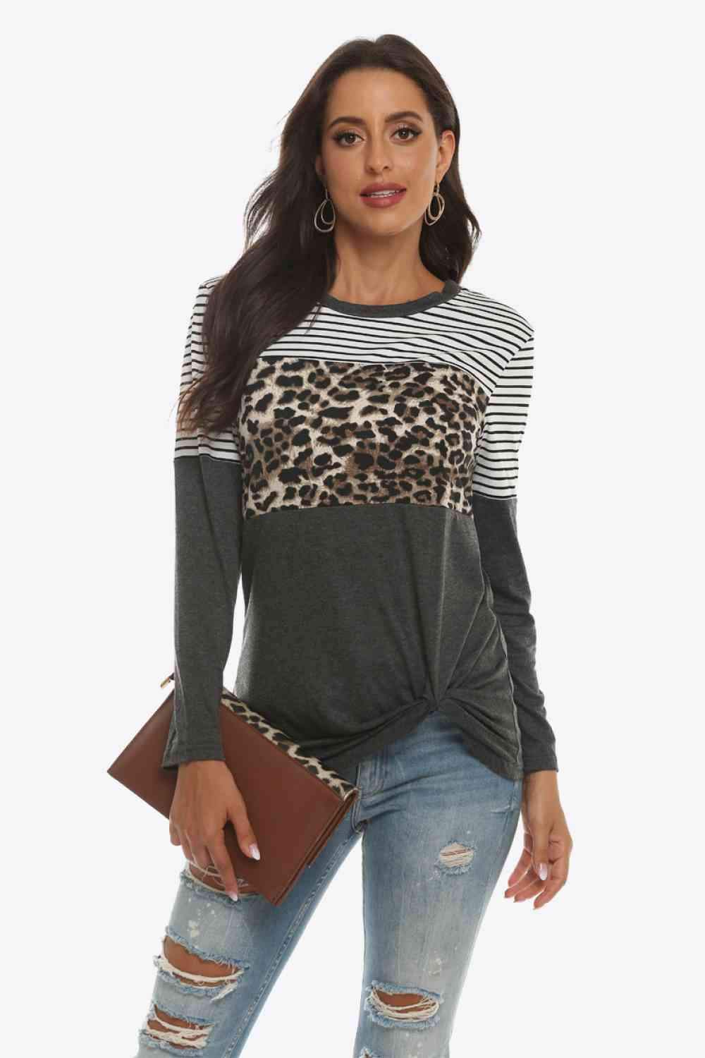 Mixed Print Gathered Detail Long Sleeve Top Charcoal Blouses - Tophatter Daily Deals