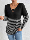 Striped Crisscross V-Neck Long Sleeve T-Shirt Women's T-Shirts - Tophatter Daily Deals