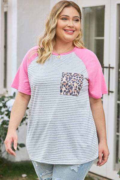 Plus Size Striped Leopard Round Neck T-Shirt Women's T-Shirts - Tophatter Daily Deals