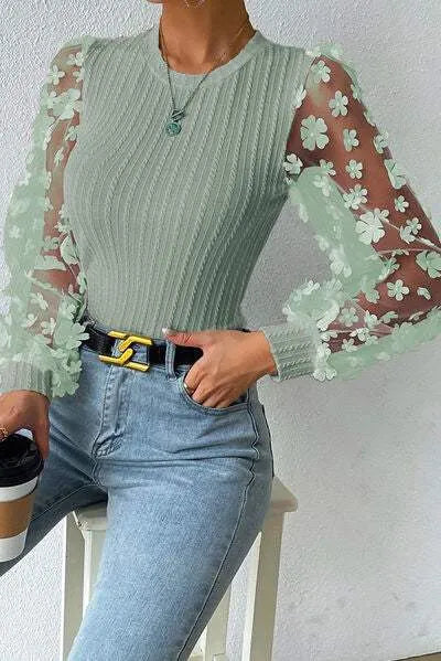 Double Take Textured Applique Long Sleeve Blouse Blouses - Tophatter Daily Deals