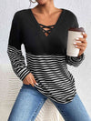 Striped Crisscross V-Neck Long Sleeve T-Shirt Women's T-Shirts - Tophatter Daily Deals