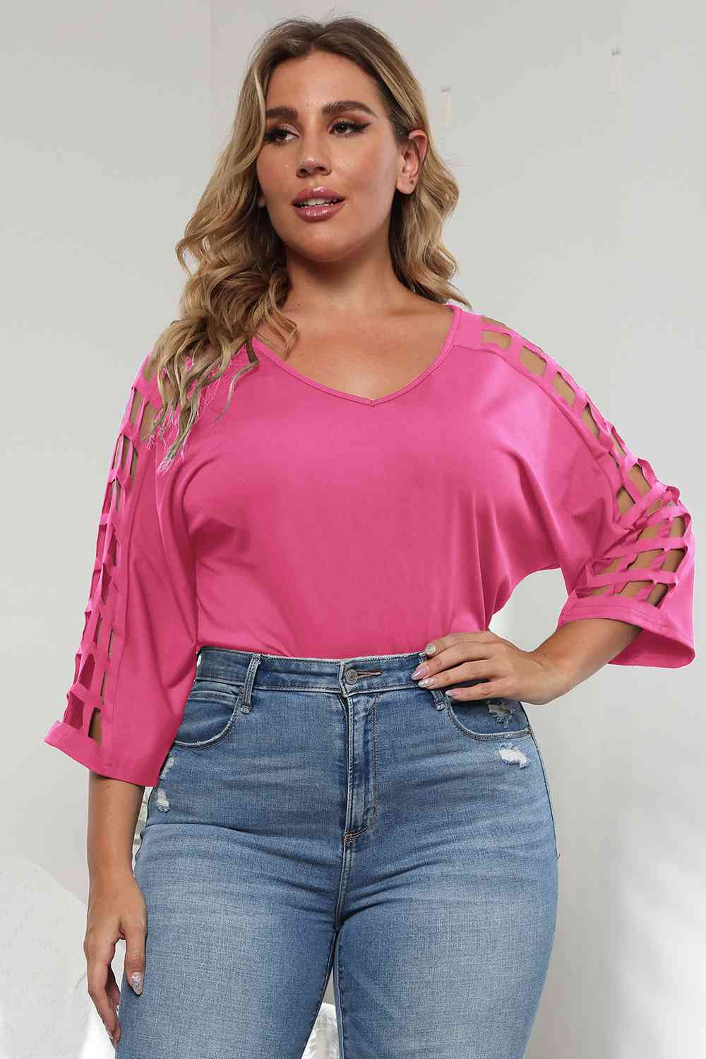 3/4 Sleeve Cutout Detail Top Hot Pink Women's T-Shirts - Tophatter Daily Deals